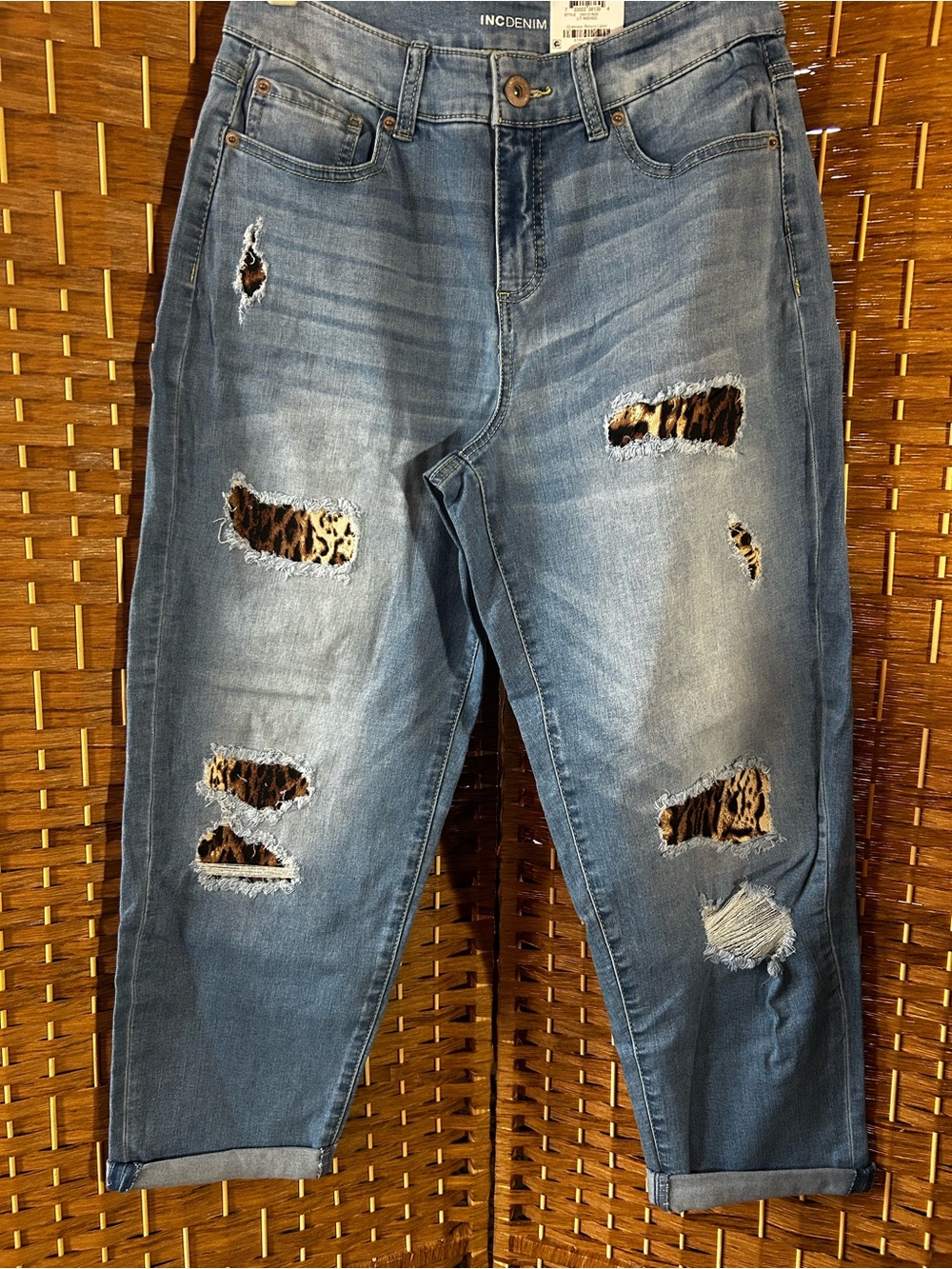 INC Denim Boyfriend Jeans 10/30 Distressed Leopard Patch Cuffed Trendy